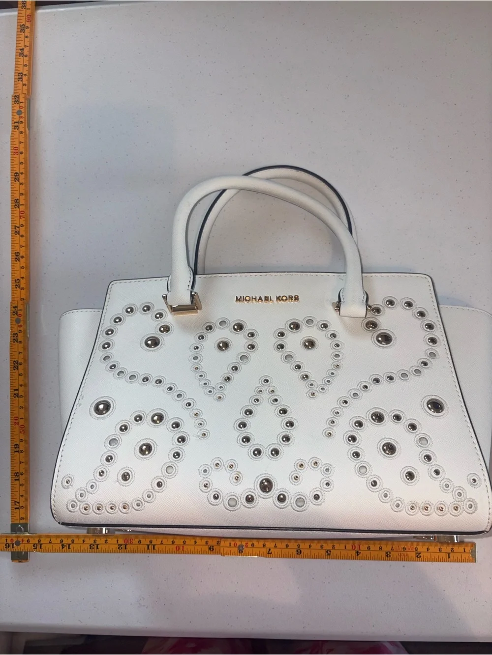 Michael Kors White Studded Saffiano Satchel with Silver Hardware